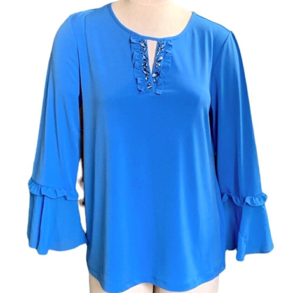 NWT‎ Susan Graver Artisan Top Rhinestones Bell Sleeve Sz M Blue #356F